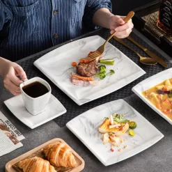 MALACASA, Serie Blance, Kombiservice 30 Tlg. Marmor Porzellan Geschirrset Eckig Tafelservice Mit 180 Ml Kaffeetassen, Untertassen, Dessertteller, Tiefteller Und Flachteller -Küche Zu Hause 23a76f292d464af6a18ea4b933de640b