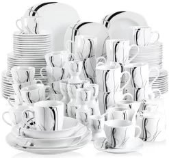 VEWEET, Serie 'Fiona', 100-teilig Porzellan Tafelservice Set, Kombiservice Mit Dessertteller, Speiseteller, Suppenteller, Müslischalen, Kaffeebecher, Kaffeetassen Set, Eierbecher, Milch- Und Zuckerset