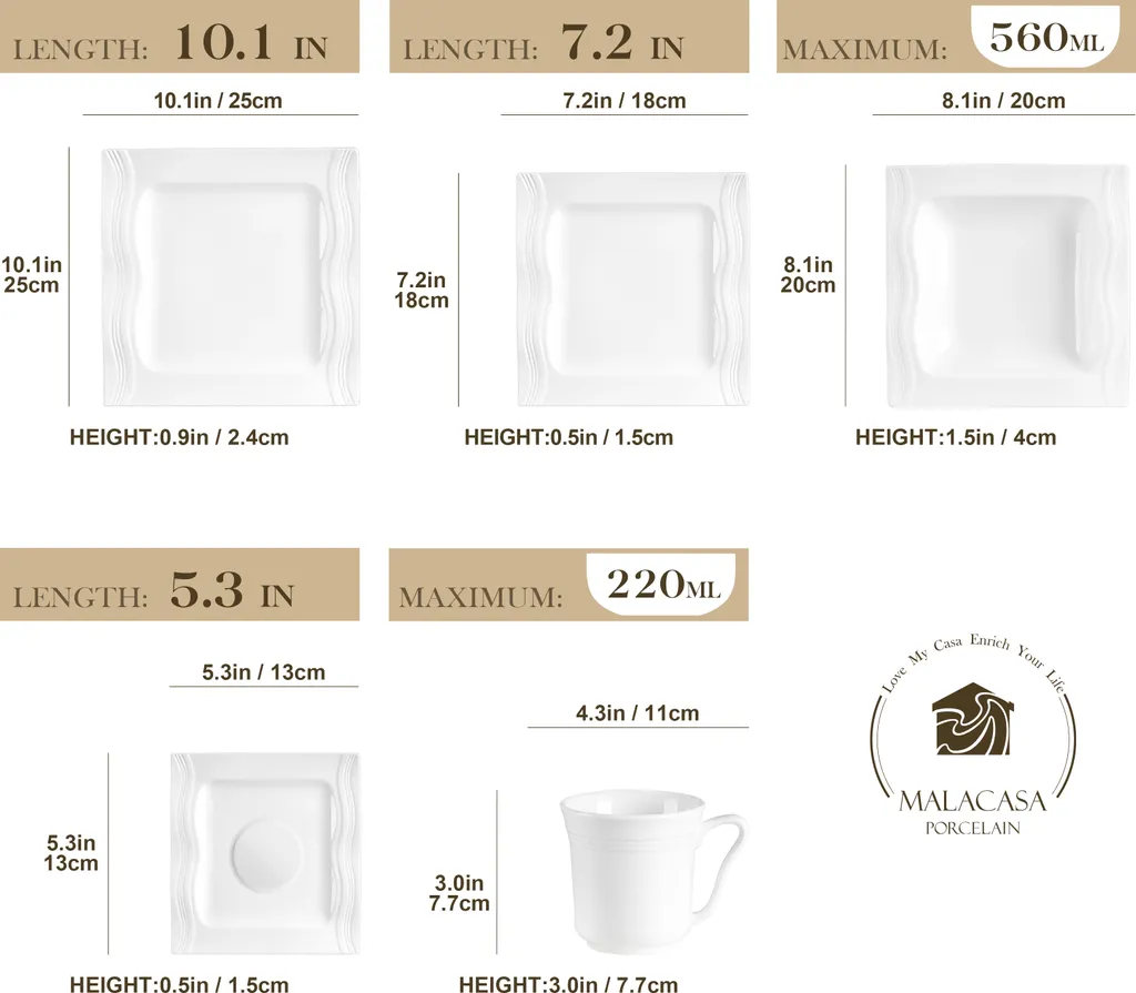 MALACASA, Serie Mario, 60 Tlg. Cremeweiß Porzellan Geschirrset Tafelservice Mit Je 12 Kaffeetassen, 12 Untertassen, 12 Dessertteller, 12 Suppenteller Und 12 Speiseteller 2 MALACASA, Serie Mario, 60 Tlg. Cremeweiß Porzellan Geschirrset Tafelservice Mit Je 12 Kaffeetassen, 12 Untertassen, 12 Dessertteller, 12 Suppenteller Und 12 Speiseteller – Bild 2