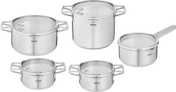 TEFAL Nordica H852SA55 Stahl-Topfset Mit Deckel 10-teilig, Topf: 18/20/24 Cm, Kochtopf Hoch 22cm, Rondel 16cm