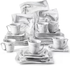 MALACASA, AMPARO 30 Tlg. Marmor Porzellan Geschirrset Kombiservice Tafelservice Mit Kaffeetassen, Unterteller, Dessertteller, Suppenteller, Speiseteller Für 6 Personen