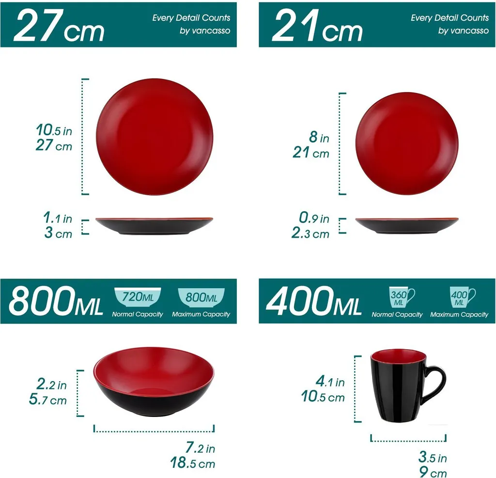 Vancasso Tafelservice Steinzeug, Allegro 16 Teiliges Essgeschirr Kombiservice, Handbemaltes Geschirrset Für 4 Personen, Vintage Rot 2 Vancasso Tafelservice Steinzeug, Allegro 16 Teiliges Essgeschirr Kombiservice, Handbemaltes Geschirrset Für 4 Personen, Vintage Rot – Bild 2
