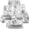 MALACASA, Serie Blance, Kombiservice 30 Tlg. Marmor Porzellan Geschirrset Eckig Tafelservice Mit 180 Ml Kaffeetassen, Untertassen, Dessertteller, Tiefteller Und Flachteller