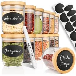 PORADA 12 Stapelbare Gewürzgläser Set 150ml Glasbehälter Mit Deckel Aufbewahrung Küche Gewürzdosen Vorratsdosen Glas Mit Deckel Aufbewahrungsgläser Küchenorganisation Aufbewahrung…