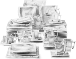 MALACASA, Serie Flora, 60 Tlg. Marmor Porzellan Geschirrset Kombiservice Tafelservice Mit Je 12 Kaffeetassen, 12 Untertassen, 12 Dessertteller, 12 Suppenteller Und 12 Flachteller