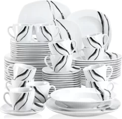 VEWEET Tafelservice 'Teresa' Aus Porzellan, 60-tlg Kombiservice Mit Kaffeetassen 175 Ml, Untertasse, Dessertteller, Speiseteller Und Suppenteller, Komplettservice Für 12 Personen