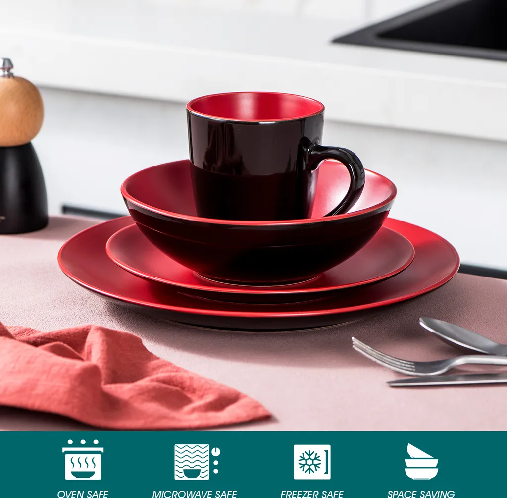 Vancasso Tafelservice Steinzeug, Allegro 16 Teiliges Essgeschirr Kombiservice, Handbemaltes Geschirrset Für 4 Personen, Vintage Rot 3 Vancasso Tafelservice Steinzeug, Allegro 16 Teiliges Essgeschirr Kombiservice, Handbemaltes Geschirrset Für 4 Personen, Vintage Rot – Bild 3