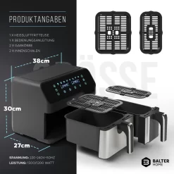BALTER Heißluftfritteuse Mit Doppelkammer HL-850D, 9L (5,5L + 3,5L), 2 Speisen Gleichzeitig, 9 Programme , Friteuse Ohne Öl, Dual Zone, Airfryer, Heis -Küche Zu Hause ef431adee7c78208c4d8ffd89aa1d5be